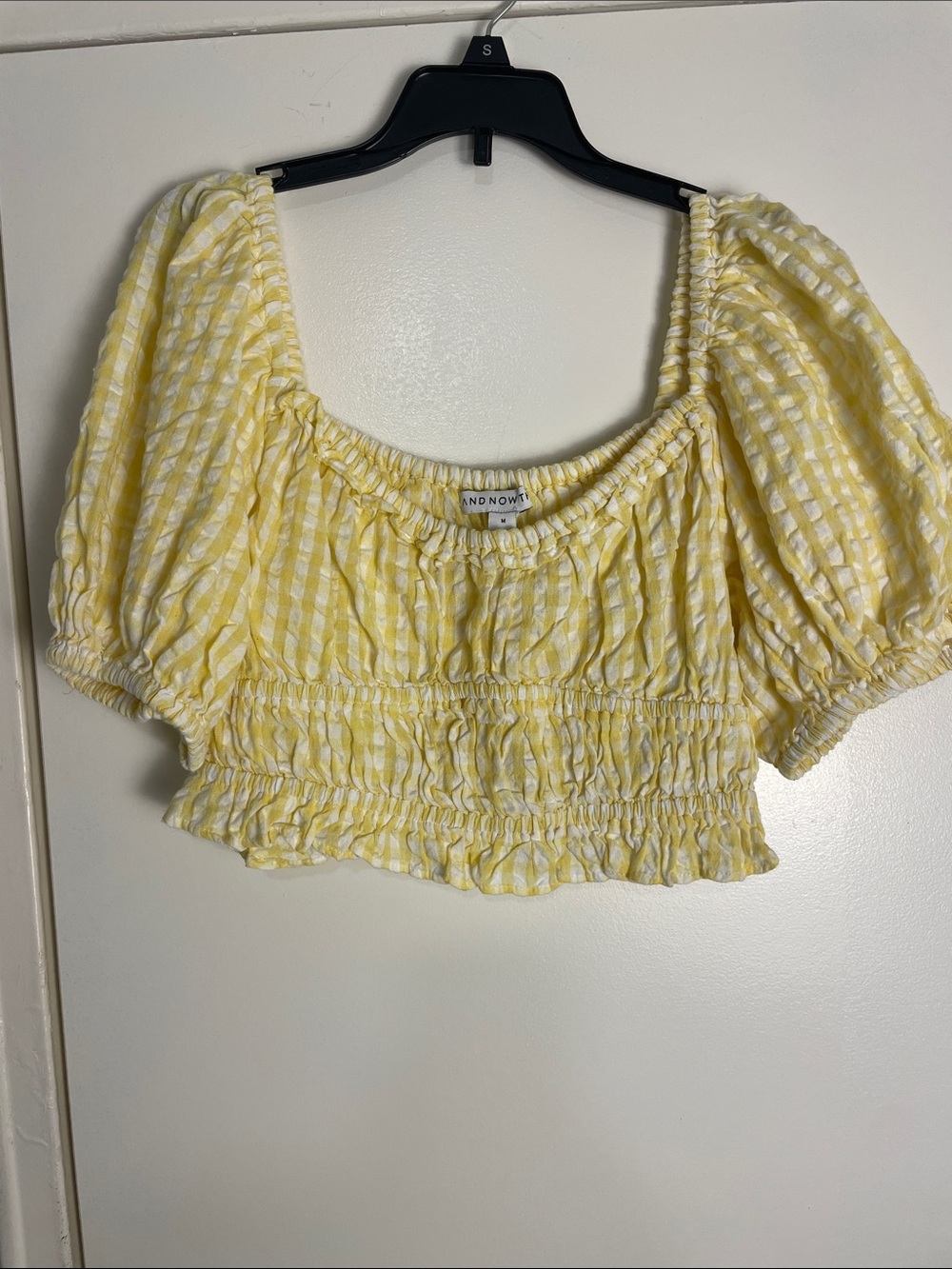 And Now Yellow Gingham Smocked Puff-Sleeve Crop Top